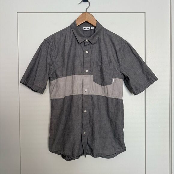 Vans Shirt Youth Boys XL Gray Stripe Button Up Short Sleeve Pocket Skateboard - Picture 1 of 12